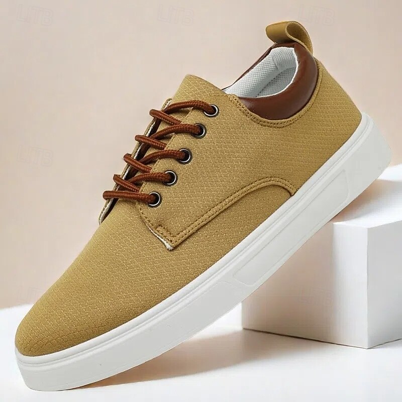 Men's Casual Lace-Up Canvas Sneakers – Lightweight Breathable Shoes with Leather Accents, Perfect for Everyday Wear and Outdoor Activities
