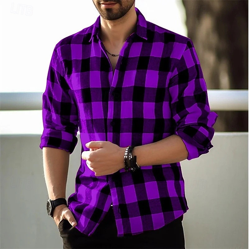 Men's Plaid Shirt Button Up Shirt Checked Shirts Black Yellow Red Purple Dark Blue Long Sleeve Plaid Lapel Vacation Casual Buckle Clothing Apparel Polyester Fashion4