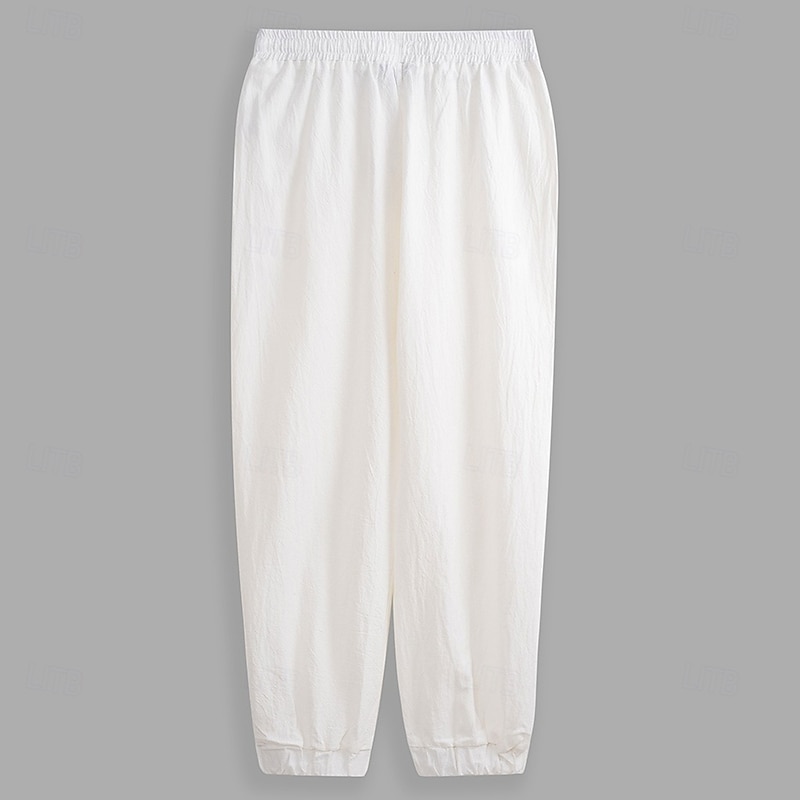 Men's Linen Pants Trousers Summer Pants Elastic Waist Straight Leg High Rise Solid Color Comfort Breathable Full Length Daily Streetwear Retro Vintage Black White High Waist Inelastic3