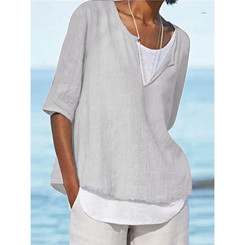 Women's Shirt Blouse Cotton Linen Shirts Solid Color Basic Casual 3/4 Length Sleeve Crew Neck Regular Tops Daily Patchwork Blue Gray Fall Winter