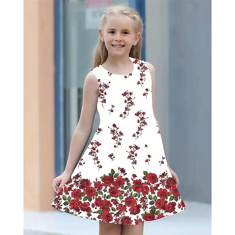 Easter Girls' 3D Floral Graphic Dress Sleeveless Summer Spring Vacation Daily Holiday Princess Beautiful Sweet Kids 4-12 Years Casual Dress A Line Dress Knee-length Regular Fit