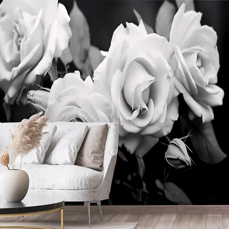 Flower 3D Wallpaper Black and White Home Decoration Wall Mural Roll Peel and Stick Removable PVC/Vinyl Material Self Adhesive/Adhesive Required Wall Decor for Living Room4