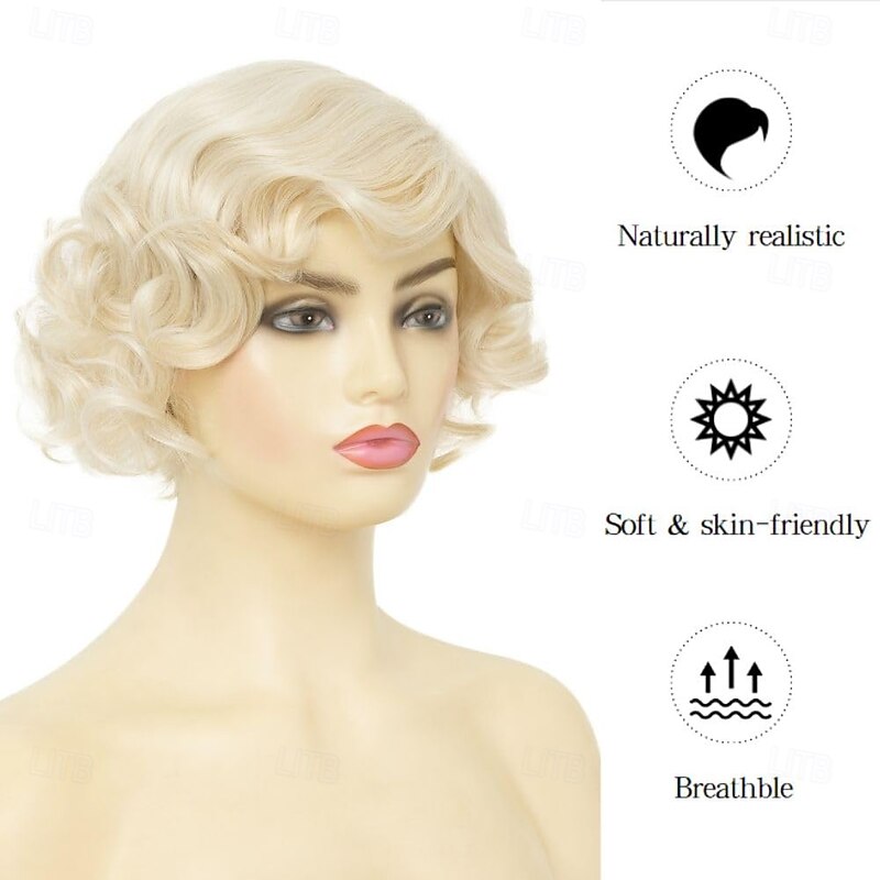 Short Blonde Finger Wave Wig for Women 1920s Curly Synthetic Flapper Wig Heat Resistant Side Part Vintage Cosplay Costume Hair Wig Halloween Wigs3