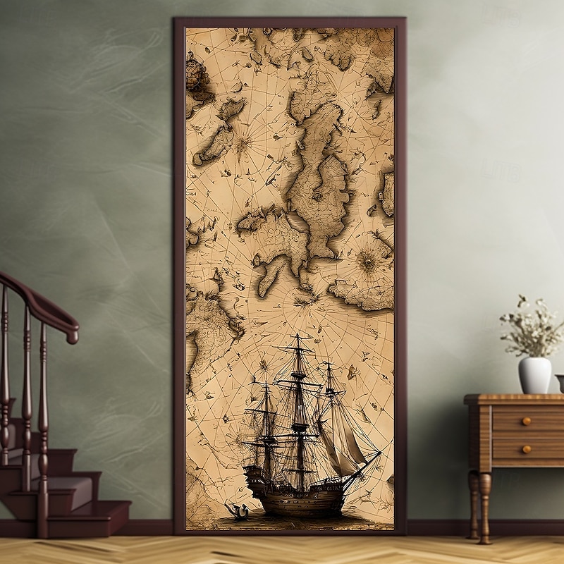 Door Decorations Door Covers Vintage Nautical Map Pirate Door Tapestry Door Curtain Decoration Backdrop Indoor/Outdoor Door Banner for Front Door Farmhouse