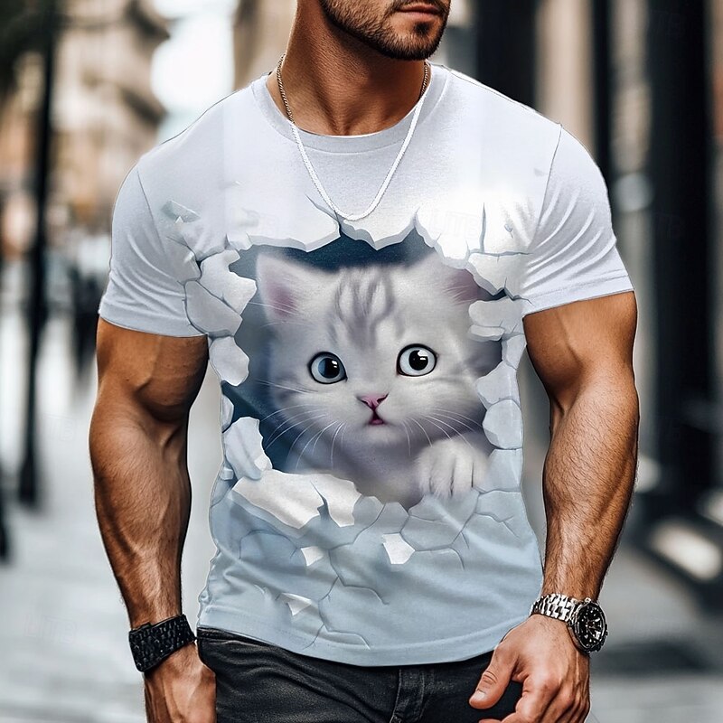 Men's Cat Funny T Shirt Short Sleeve T shirt 3D Print Crew Neck Shirt Exaggerated Designer Party Holiday Light Blue White Khaki Summer Spring Clothing Apparel S M L XL XXL XXXL3
