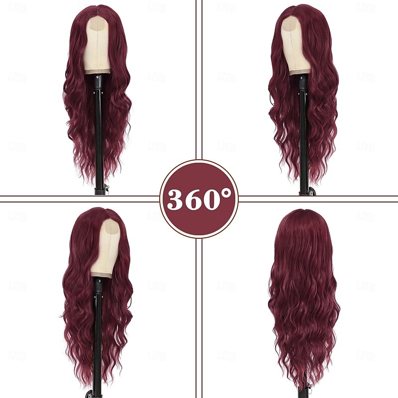 Long Wine Red Wavy Wig for Women 26 Inch Middle Part Curly Wavy Wig Natural Looking Synthetic Heat Resistant Fiber Wig for Daily Party Use (Wine Red)3