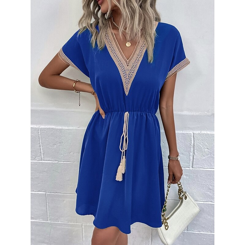 Women's Mini Dress Casual Dress A Line Dress Stylish Basic Casual Vacation Daily Regular Fit Plain Short Sleeve V Neck Wine Blue Summer Spring4