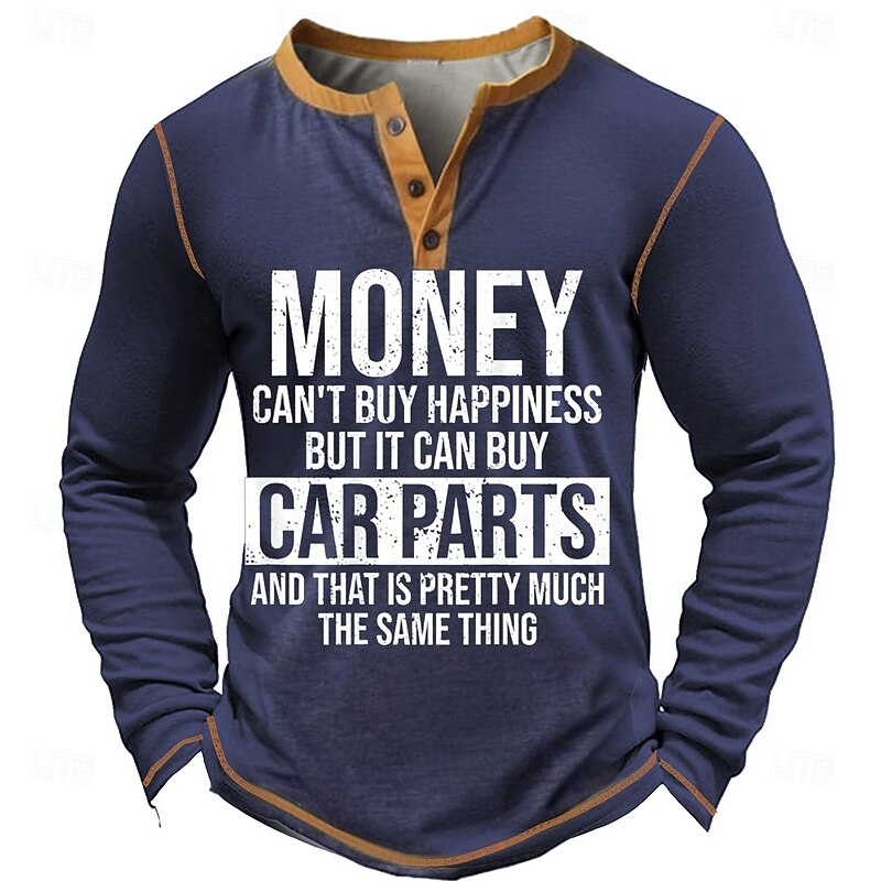 Men's Funny Car Enthusiast Long Sleeve Henley Shirt - 'Money Can't Buy Happiness But Car Parts' Graphic Tee4