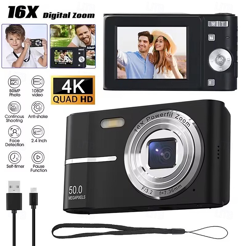 4K Digital Camera 50MP 16X Digital Zoom Camera 2.4-inch IPS Screen Face Detection Flash Camera Motion Detection Timer Camera