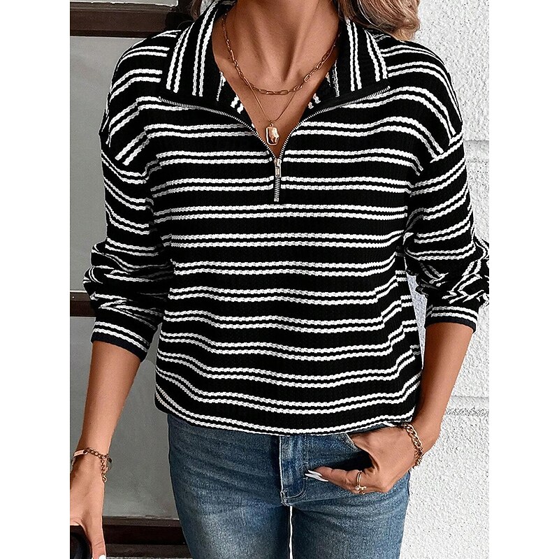 Women's Sweatshirt Casual Striped Street Dailywear Hoodie Zip Up Long Sleeve Black Fall Winter4