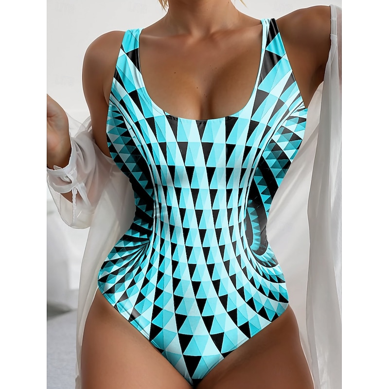 Women's Swimsuits One Piece Monokini Swimsuit Backless Tummy Control High Waist Slim Vacation Beach Wear Geometric U Neck Sleeveless Bathing Suits4