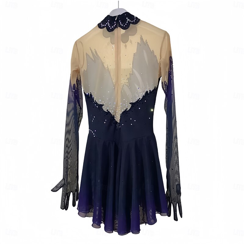 Figure Skating Dress Women's Girls' Ice Skating Dress Black Thumbhole Halo Dyeing Mesh Spandex Stretchy Training Practice Professional Skating Wear Thermal Warm Classic Crystal / Rhinestone Long2
