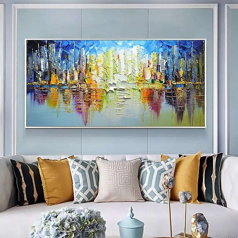 Mintura Handmade Texture City Landscape Oil Paintings On Canvas Wall Art Decoration Modern Abstract Picture For Home Decor Rolled Frameless Unstretched Painting