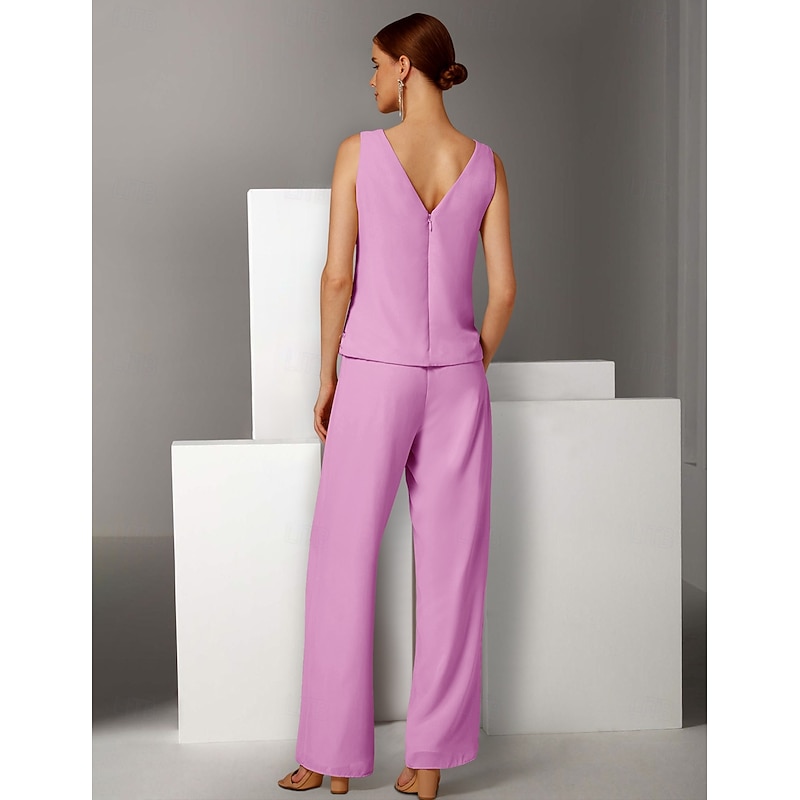 Sheath / Column 3 Piece Pantsuit Beach Wedding Mother of the Bride Dress Elegant Vintage Jewel Neck Floor Length Chiffon 3/4 Length Sleeve with Feather Beading3