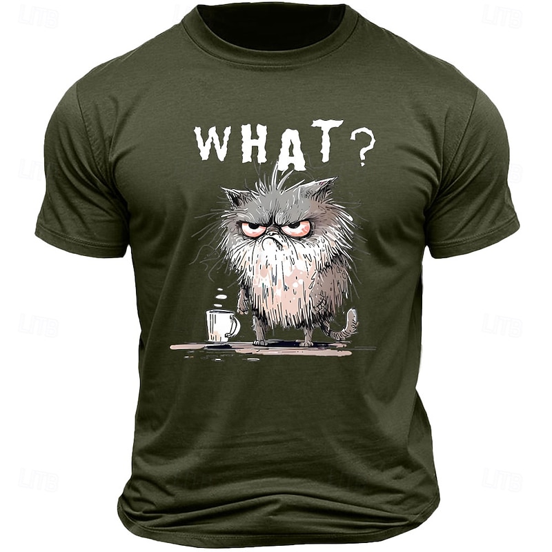 Mens T-shirt, Funny Grumpy Cat 'WHAT?' Morning Coffee Short Sleeve Graphic Tee3