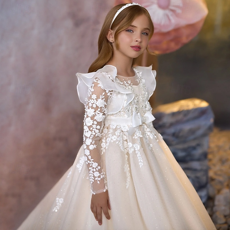 Kids Girls' First Communion Dress Party Dress Solid Color Sleeveless Long Sleeve Performance Wedding Party Mesh Princess Sweet Mesh Mid-Calf Sheath Dress Tulle Dress Summer Spring Fall kids Ivory3