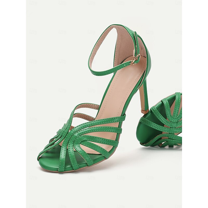 Women's Green Strappy Stiletto Sandals with Ankle Strap, Elegant Open-Toe High Heels for Parties, Weddings, and Formal Events4
