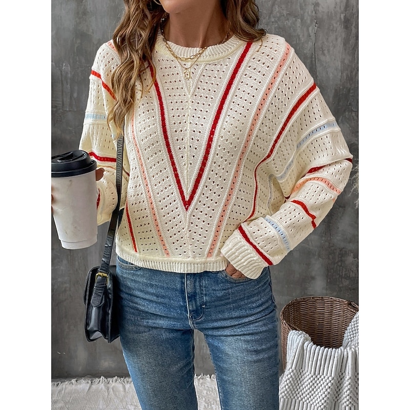 Women's Sweater Casual Soft Pure Color Ribbed Crew Neck Knitted Hole Long Sleeve Regular Tops Knit Outdoor Daily Weekend Apricot Fall Winter4