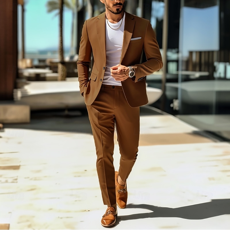 Men's Casual Suits Brown Daily WorkWear Solid Colored Standard Fit 2 Piece Single Breasted Two-buttons