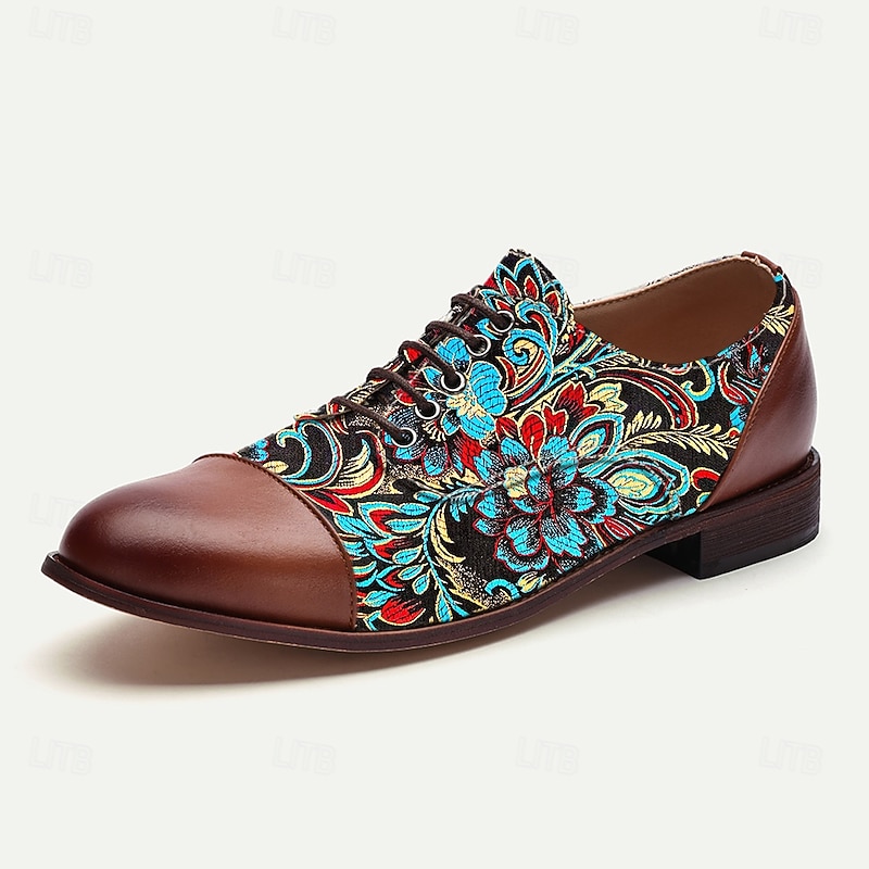 Men's Brown Faux Leather Oxford Shoes with Colorful Paisley Pattern | Comfortable and Stylish for Casual Outings3