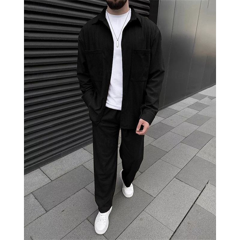 Men's Lightweight Jacket Summer Jacket Shirt Jacket Corduroy Jacket Vacation Daily Wearproof Pocket 2 Piece Fall & Winter Plain Fashion Classic Lapel Regular Black Sky Blue Dark Green Khaki Coffee2