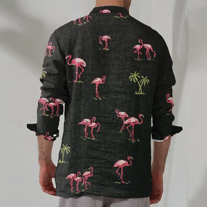 Men's Flamingo Summer Hawaiian Shirt Aloha Shirt Long Sleeve Hawaiian Beach Vacation Summer Spring Turndown Button Up Black2