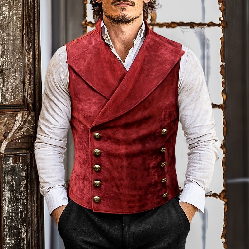 Men's Suede Vest Vacation Daily Wear Going out Vintage Style Chic & Modern Spring &  Fall Buttons Polyester Comfortable Plain Double Breasted Queen Anne Regular Fit Black Red Navy Blue Brown Vest