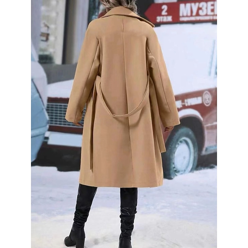Women's Winter Coat Outdoor Street Daily Fall Winter Regular Coat Regular Fit Warm Breathable Comtemporary Stylish Jacket Long Sleeve Solid Color with Pockets With Belt Black Red Khaki2
