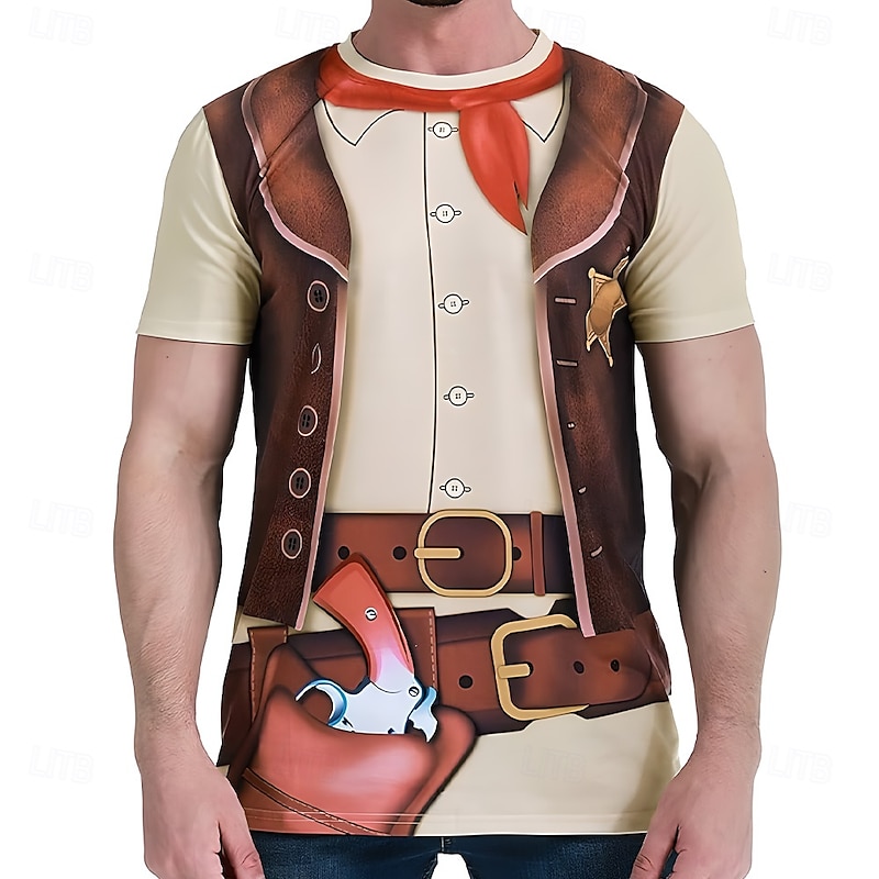 Men's Cowboy Tuxedo T Shirt Short Sleeve T shirt 3D Print Crew Neck Shirt Exaggerated Designer Party Holiday Club Brown Summer Spring Clothing Apparel S M L XL XXL XXXL2