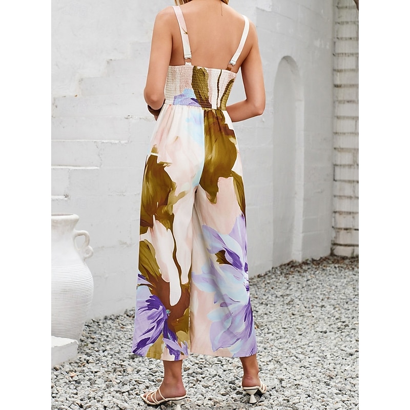 Women's Normal Jumpsuit Active Floral Sleeveless V Neck High Waist Vacation Daily Regular Fit Purple Orange Summer2