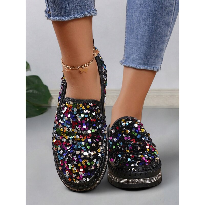 Women's Black Sequin Slip-On Platform Shoes with Rhinestone Trim - Sparkly Casual Shoes for Parties and Everyday Wear4