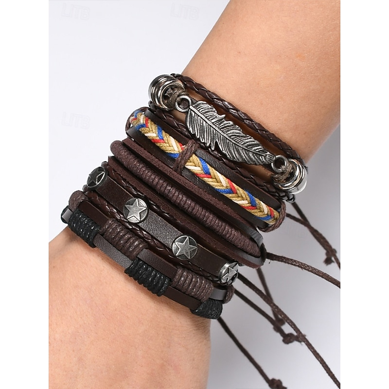 Men's Vintage Multi-Layer Leather Bracelet Set with Feather and Star Charms, Adjustable Wristbands for Casual Wear, Boho Style Accessories for Parties and Gifts