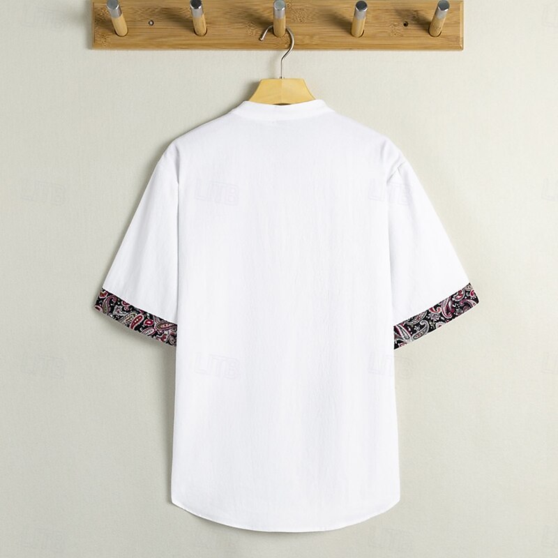 Men's Button T Shirt Henley Shirt Tee Tee Top Short Sleeve Henley Spring &  Fall Boho Paisley Damask Solid / Plain Color Fashion Designer Buckle Vacation Street Going out Black Light Green White Top2