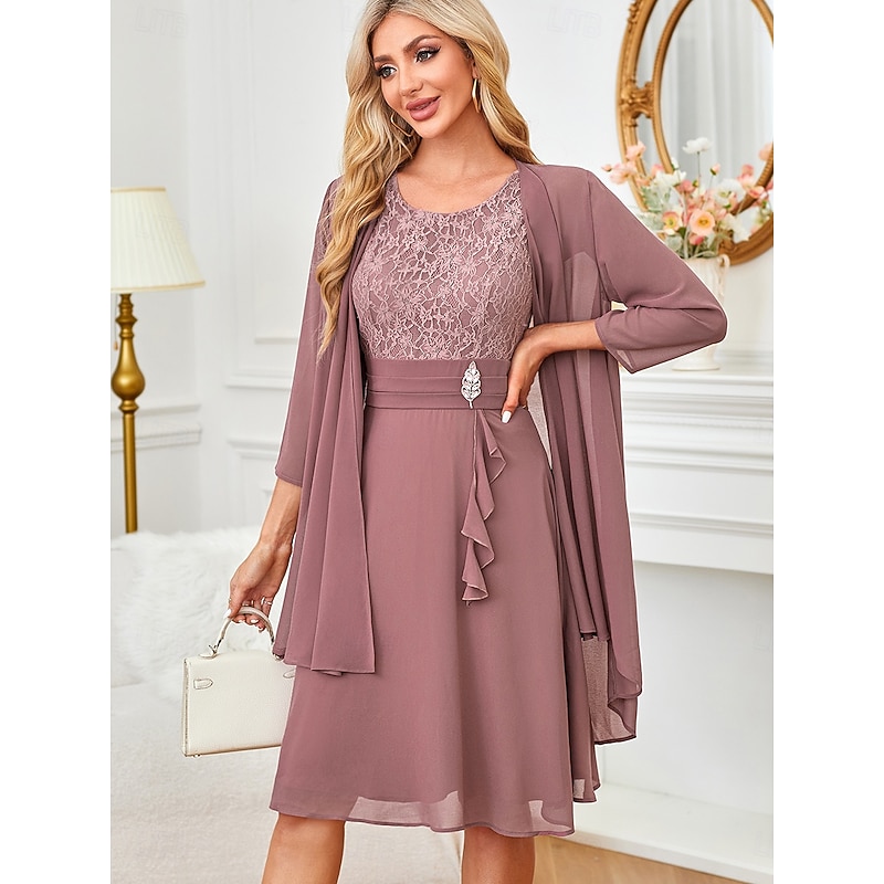 Women's Knee Length Dress Dress Set Wedding Guest Dress White Lace Dress with Sleeves Dress With Jacket Elegant Formal Wedding Guest Cocktail Party Regular Fit Plain 3/4 Length Sleeve Round Neck Gray3