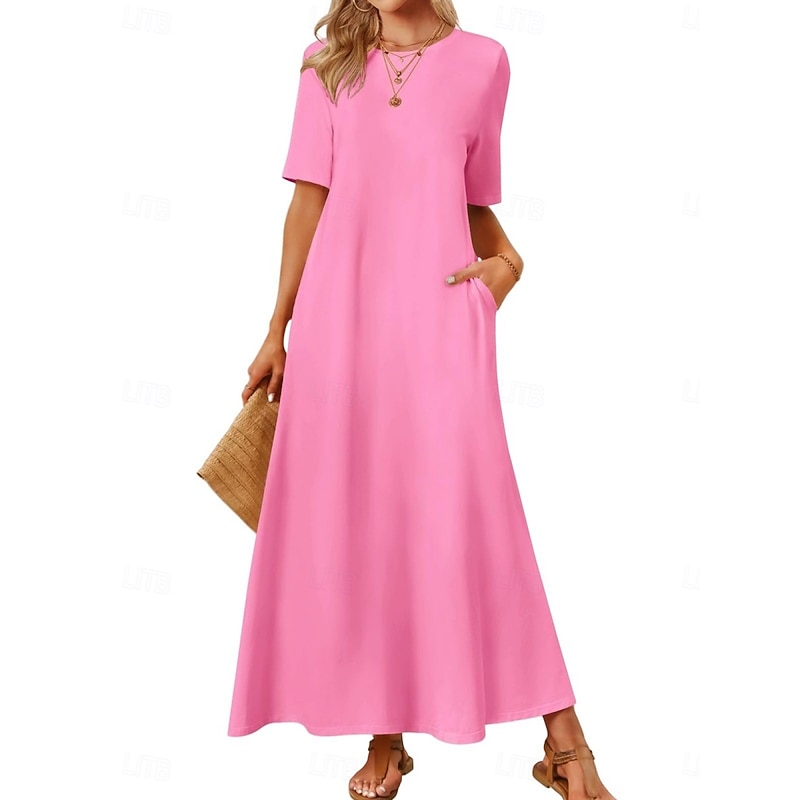 Women's Maxi Dress Casual Dress A Line Dress Stylish Basic Casual Vacation Daily Regular Fit Plain Short Sleeve Crew Neck Pink Blue Dark Green Summer Spring