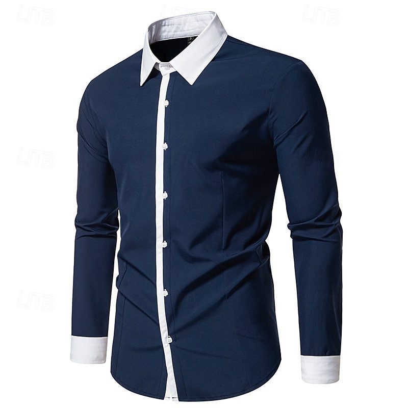 Men's Shirt Dress Shirt Button Up Shirt Color Block Wedding Party Black White Navy Blue Blue Long Sleeve Lapel Spring &  Fall Clothing Apparel2