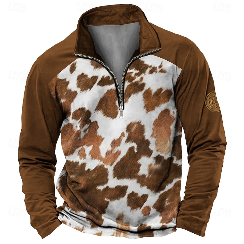 Men's Cow Print Sweatshirt Sweatshirt Zip Sweatshirt Short Sleeve Sweatshirt Stand Collar Half Zip Casual Print Going out Half Zip Spring Fall Winter