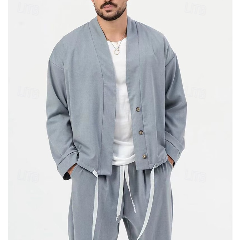 Men's 2 Piece Shirt Set Matching Sets Casual Shirt Green Light Grey Gray Long Sleeve Plain Daily Going out Clothing Apparel Fashion Casual2