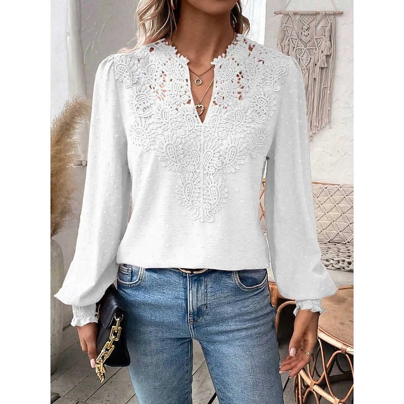 Women's Shirt Blouse Solid Color Basic Casual Long Sleeve V Neck Regular Tops Daily Going out Lace Patchwork Maroon White Green Spring Fall Winter