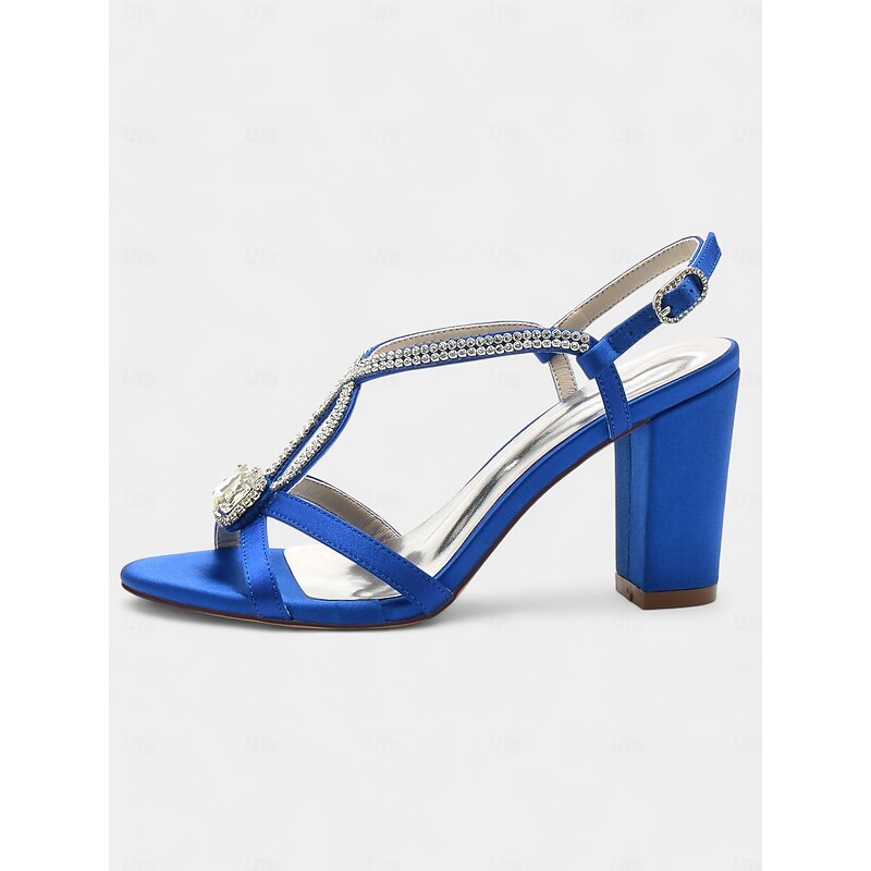 Women's Royal Blue Satin Rhinestone Sandals – Elegant Block Heels for Cocktail Parties, Weddings, and Evening Celebrations3