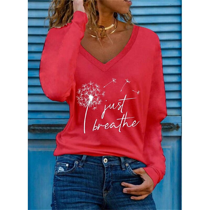 Women's T Shirt Stylish Basic Casual Letter Patchwork Print Flutter Sleeve Long Sleeve Regular Tops V Neck Vacation Daily Weekend Black White Red Green Spring &  Fall Fall & Winter3