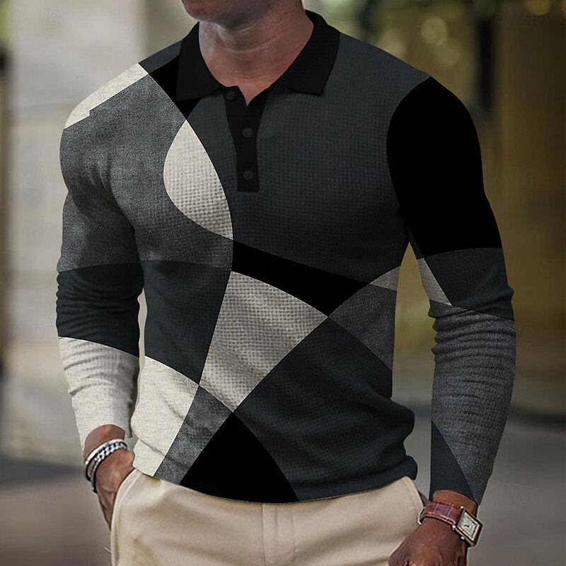 Men's Waffle Polo Shirts Golf Shirt Long Sleeve Polo Shirts Collared Shirts Casual Business Casual Dailywear Athleisure Buttons 3D Print Spring Fall Winter Black Red Blue4