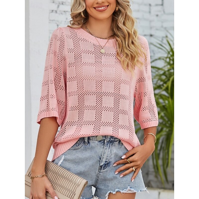 Women's Sweater Casual Soft Pure Color Ribbed Crew Neck Knitted 3/4 Length Sleeve Regular Tops Knit Outdoor Daily Weekend White Pink Spring Fall4