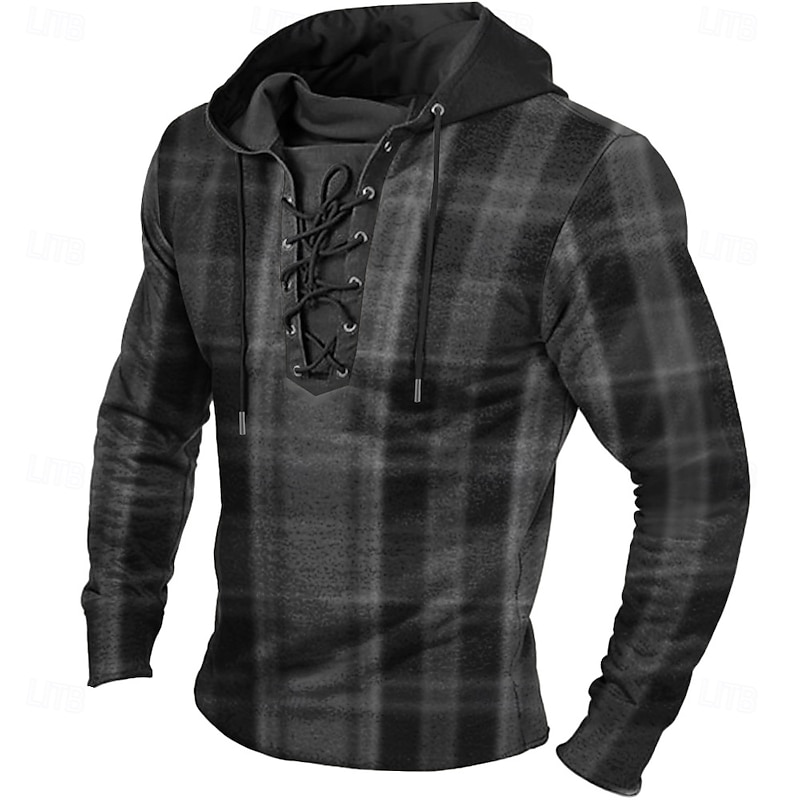 Men's Plaid Hoodies Fashion Cool Long Sleeve Hooded Yellow Red Drawstring Fall Winter Designer3