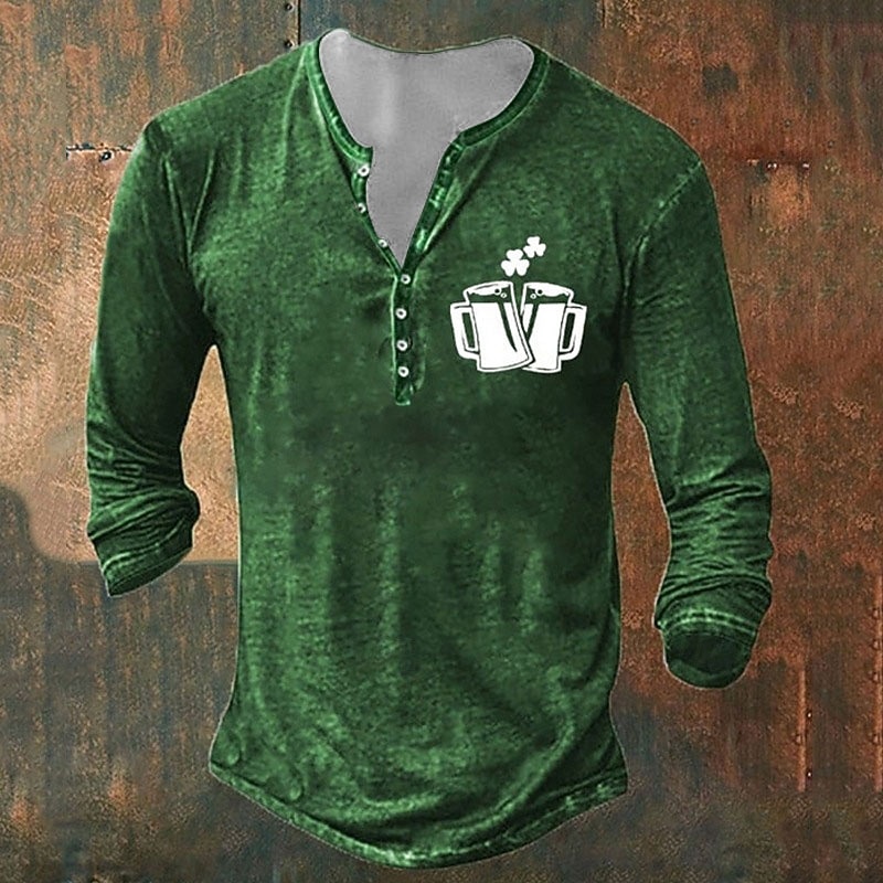 Men's St. Patrick Shamrock Henley Shirt T shirt Tee Tee Top Long Sleeve 3D Print Fashion Designer Basic Vacation St.Patrick's Day Street Spring &  Fall Green 1# Green 2# Green 3# Green Henley Henley2