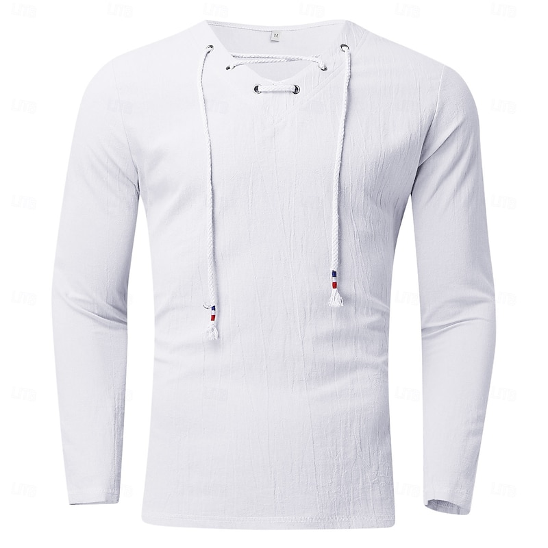 Men's Linen Shirt Tee Long Sleeve Shirt Long Sleeve V Neck Spring &  Fall Solid Color Casual Lace up Vacation Homewear Black White Gray Top Tee for Men2
