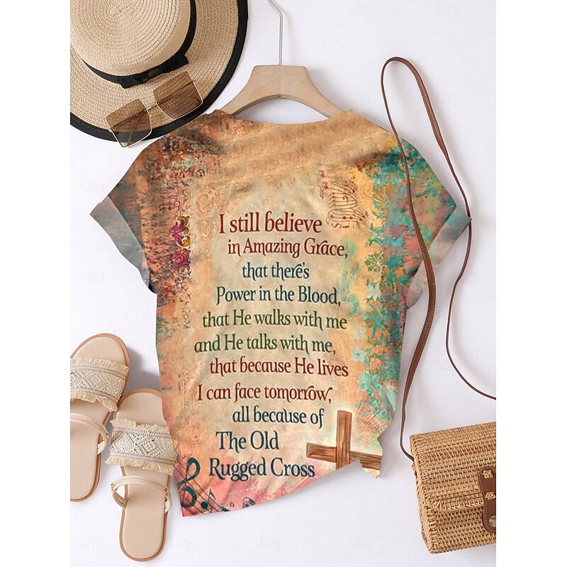 Women's T Shirt Tie Dye Letter Casual Short Sleeve Round Neck Regular Tops Daily Print Orange Summer2