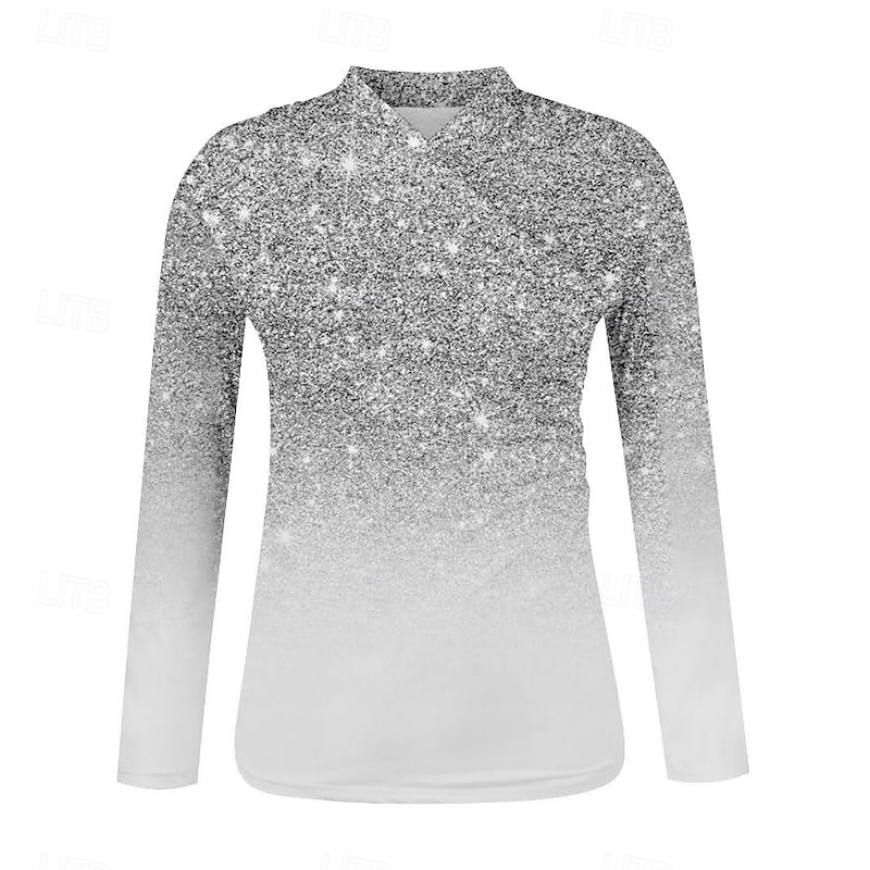 Women's T Shirt Ombre Casual Long Sleeve V Neck High Neck Regular Tops Vacation Daily Print Asymmetrical Silver Black Pink Spring &  Fall3