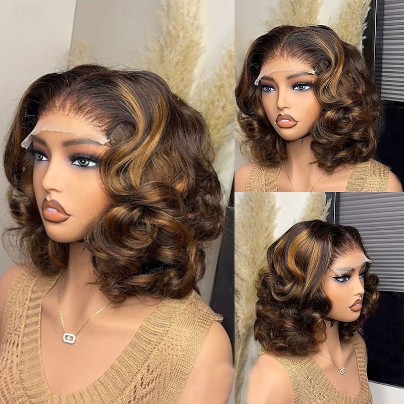 Human Hair 5x5 Closure 13x4 Lace Front Wig Short Bob Brazilian Hair Loose Wave Brown Multi-color Wig 130% 150% Density Ombre Hair Highlighted / Balayage Hair Glueless Pre-Plucked For Women Short3