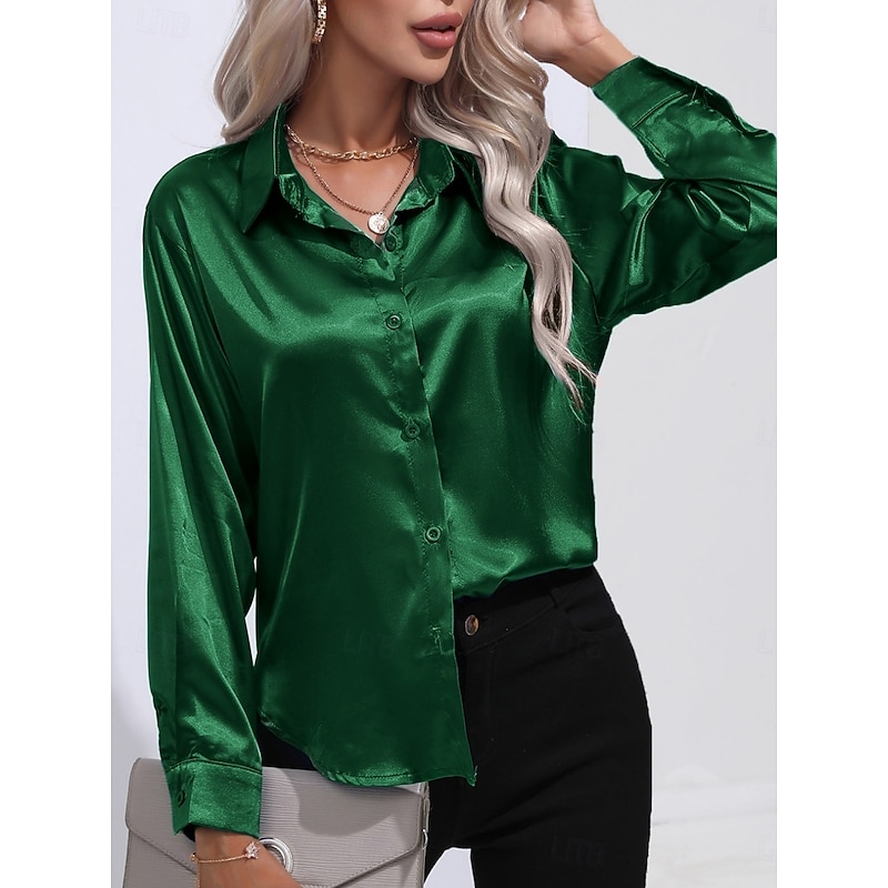 Women's Shirt Elegant Dressy Satin Solid Color Business Modern Casual Long Sleeve Shirt Collar Regular Tops Work Formal Wear Buttons Pink Green Beige Summer Spring